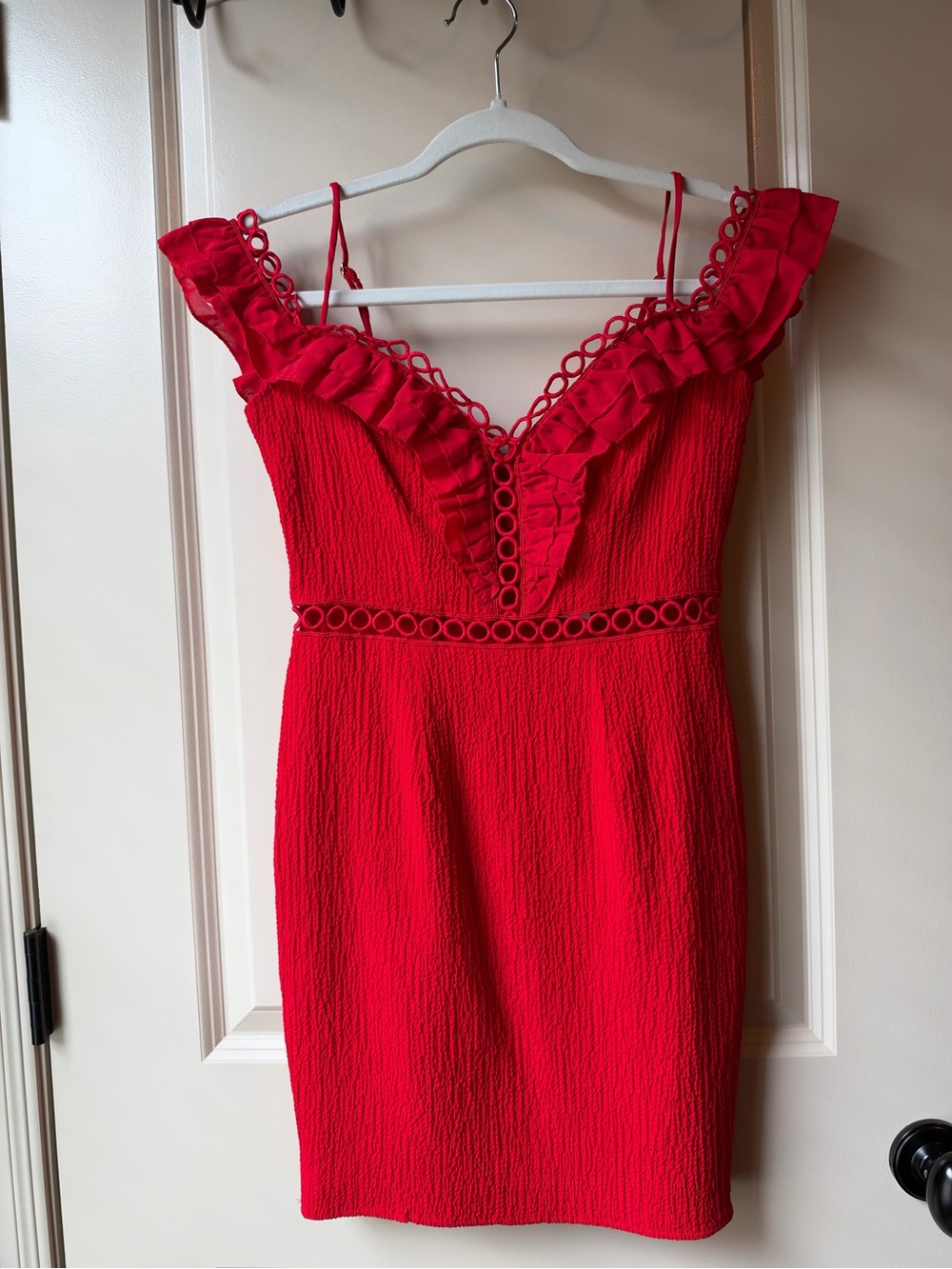 Red Ruffle V-Neck Mini Dress with Ring-Detail Waist